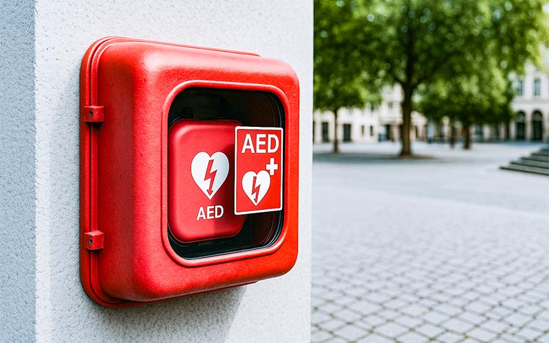 Ein AED ist an einer Gebäudewand angebracht